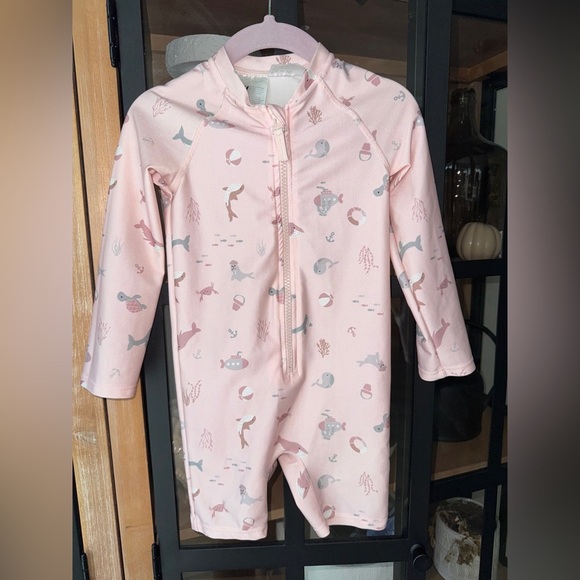 H&M rashguard one piece swimsuit romper long sleeve toddler girl zipper ocean - Picture 1 of 6